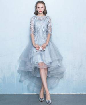 Gray Tulle Lace With Applique Prom Evening Dress