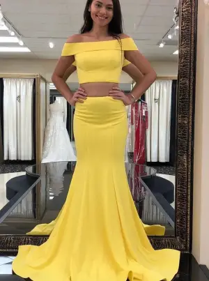 Mermaid Off Shoulder Two Piece Yellow Long Prom Dresses