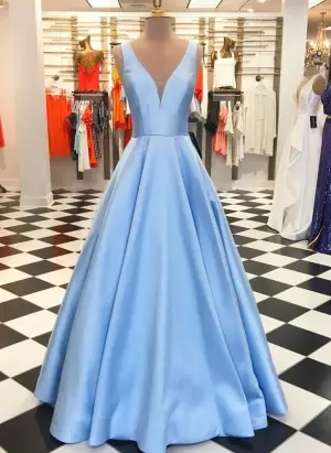 Floor Length A Line V Neck Blue Stain Prom Dresses