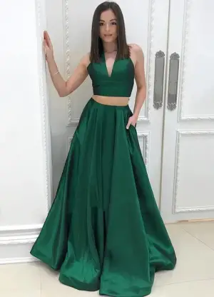 Halter Two Pieces Green Prom Dresses with Pocket