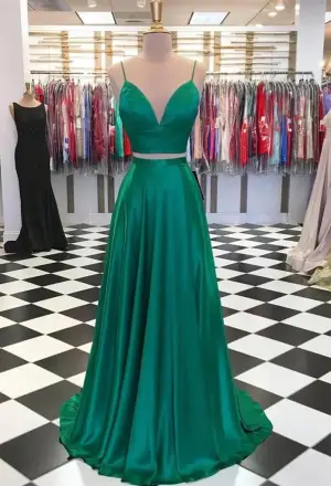 A Line Two Pieces Green Long Prom Dresses