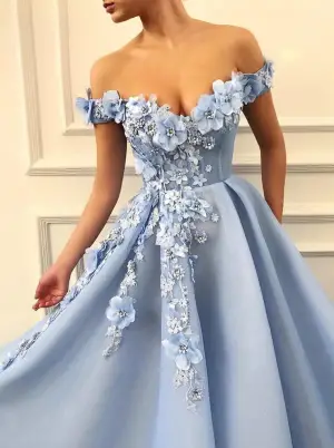 Off Shoulder Light Blue Prom Dresses Long With Lace