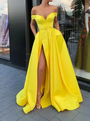 A Line Off the Shoulder Yellow Prom Dress with High Slit