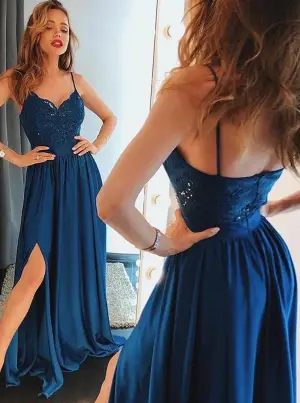 Straps A Line Sweetheart Neck Blue Lace Prom Dresses