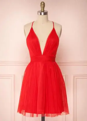 A Line V Neck Short Red Tulle Prom Dresses
