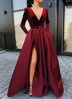 Ball Gown Long Sleeves V Neck Burgundy Prom Dress with High Slit
