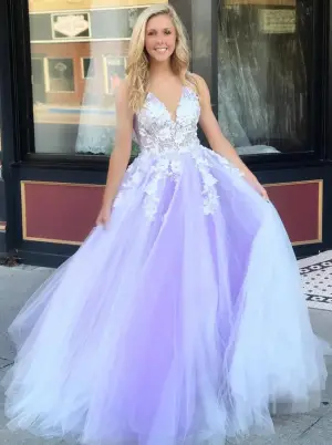 Charming V Neck Backless Purple Lace Prom Dresses