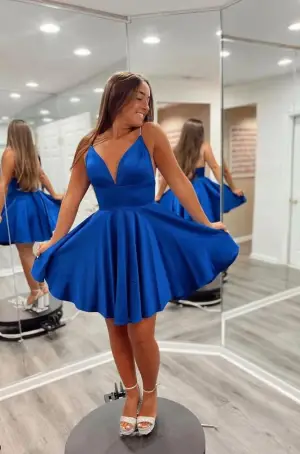 Cute Backless V Neck Royal Blue Short Homecoming Dress