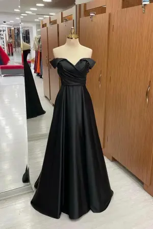 Off Shoulder A Line Black Satin Long Prom Dress