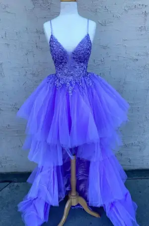 Beautiful High Low V Neck Purple Lace Long Prom Dress