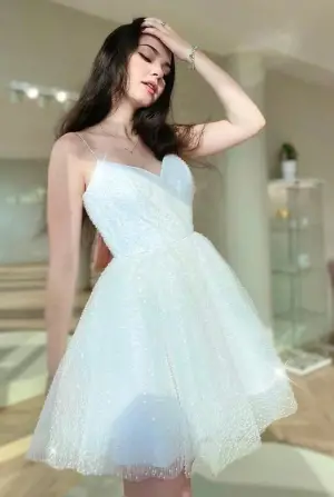 Pretty V Neck Sequins White Short Homecoming Dress