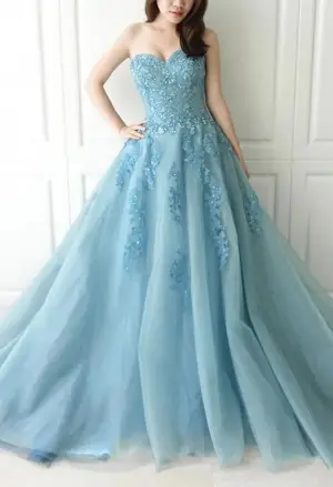 Sweetheart Mermaid Blue Tulle Lace Long Prom Dress