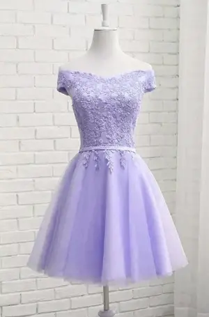 Off Shoulder Lace Lilac Short Homecoming Dress