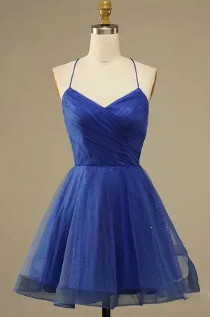 A Line V Neck Backless Blue Tulle Homecoming Dress