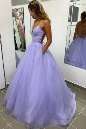 A Line Backless Purple Tulle Long Prom Dress