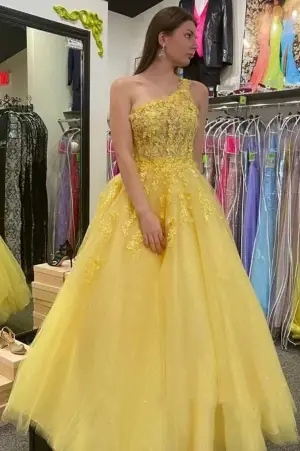 Charming One Shoulder Yellow Tulle Lace Prom Dresses