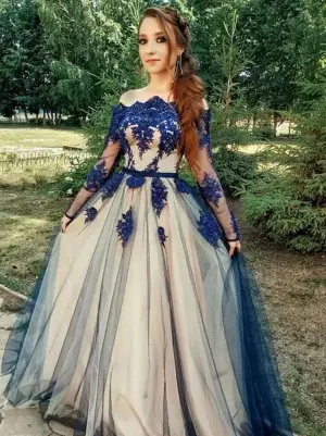 Off Shoulder A Line Blue Lace Prom Dresses With Long Sleeves