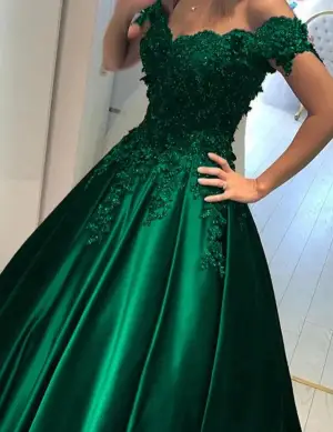 Off Shoulder Floor Length Green Lace Prom Dresses