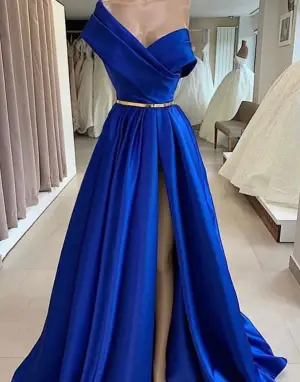 One Shoulder Floor Length Royal Blue Stain Prom Dress with Slit