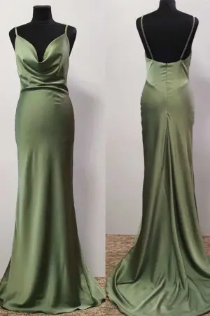 A Line Olive Green Cowl Neck Long Prom Dress
