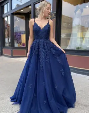 A Line Navy Blue V Neck Tulle Lace Prom Dresses
