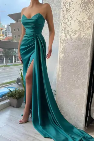Sexy Green Satin Long Slit Evening Dresses