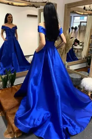 Off Shoulder Long Stain Prom Dress with Train