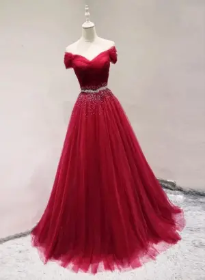 Off Shoulder Dark Red Tulle Long Prom Dress With Beading