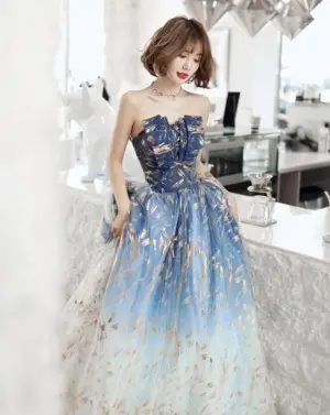 Charming Tulle Long Blue Floor Length Formal Dress