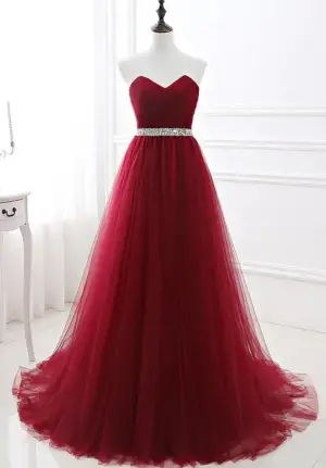 A Line Burgundy Ruffled Long Tulle Prom Evening Dress