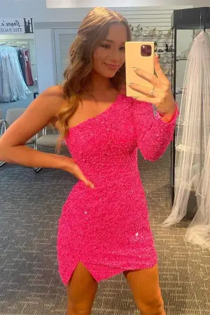 One Shoulder Hot Pink Sequined Short Homecoming Dresses