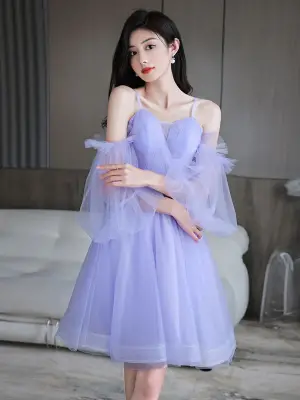 Off Shoulder Purple Short Tulle Homecoming Dresses