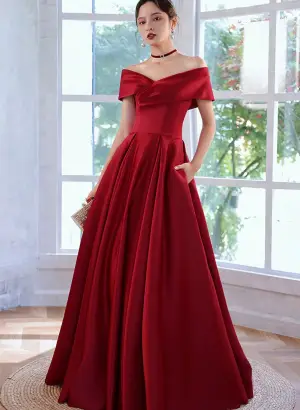 Off Shoulder A-Line Floor Length Red Stain Prom Dress