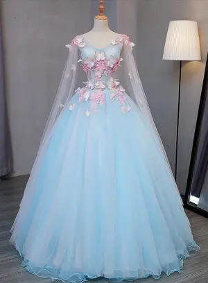 Lovely Blue V Neck Tulle Ball Gown Party Dress