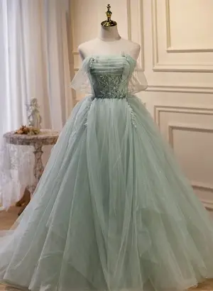 Off Shoulder Light Green Tulle Beaded Ball Gown Prom Dress