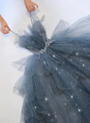 A Line Blue Shiny Tulle Long Prom Dress