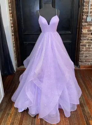 Spaghetti Strap A-Line Lavender Shiny Tulle Prom Dress