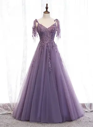 A Line Dark Purple V-Neckline Long Prom Dress With Beading