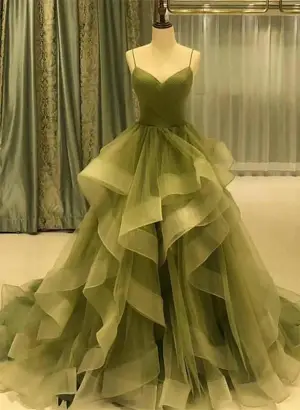 Princess Green Ruffles Sweep Train Long Prom Dress