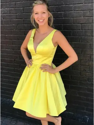 Simple Short V Neck Yellow Prom Dresses