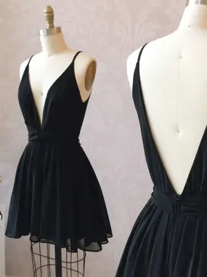 Cute A Line V Neck Short Black Prom Dresses