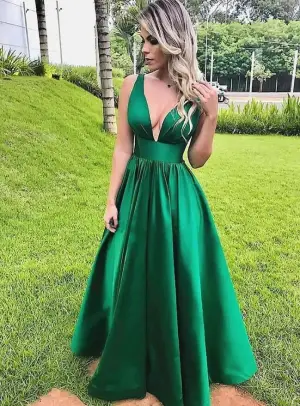 Simple A Line V Neck Green Prom Gown