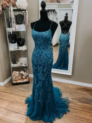 Mermaid Straps Backless Dark Teal Long Prom Dresses With Lace