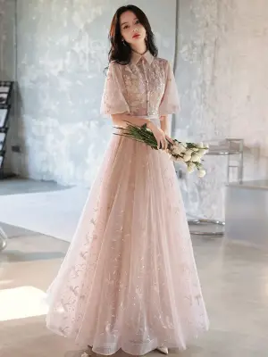 A-Line Champagne Tulle Lace Long Prom Dresses
