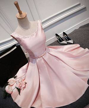 Pink Satin Round Neck Short/Mini Prom Evening Dress