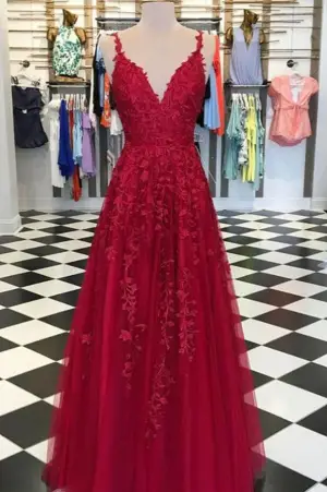 Gorgeous Spaghetti Straps A-Line V-Neck Dark Red Prom Dresses