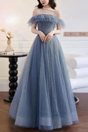 A-line Off-the-Shoulder Sparkly Gray Tulle Blue Prom Dresses