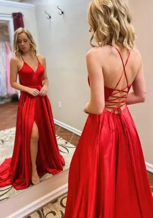 Mermaid A-line V Neck Long Red Prom Dress With Split