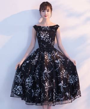 Black Tulle Tea-length Simple Prom Evening Dress