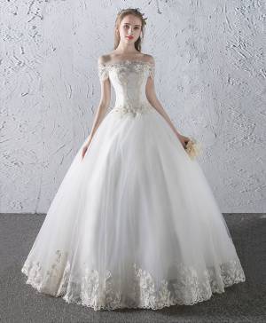 Off Shoulder White Tulle Ball Gown Lace Wedding Dress